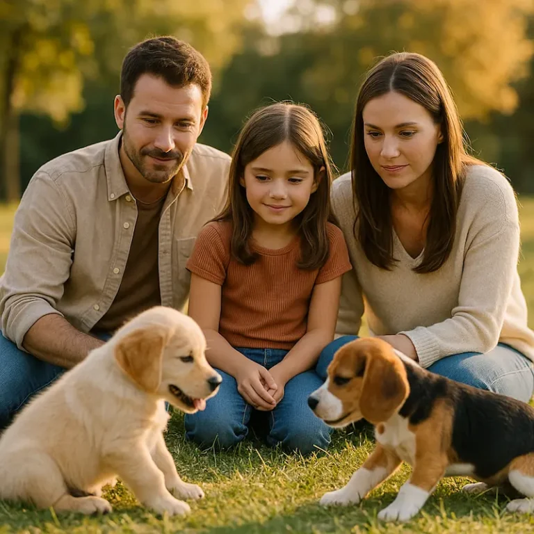 una famiglia osserva due cuccioli da adottare