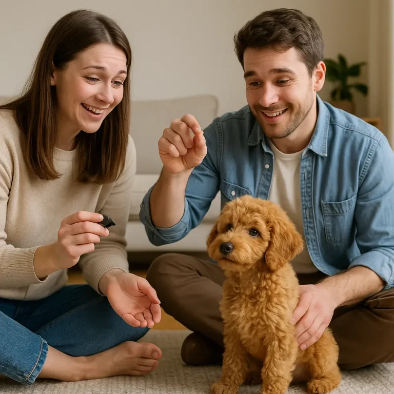 coppia di adulti cerca di insegnare i primi comandi al suo cucciolo