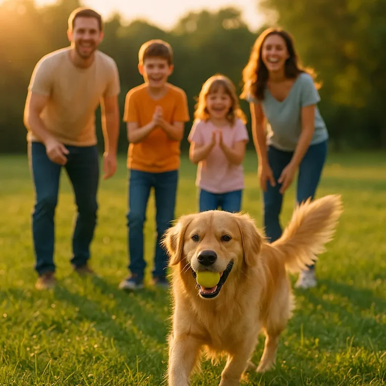 una famiglia gioca con il suo golden retriever