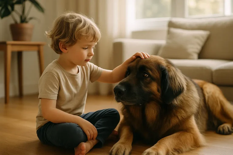 bambino accarezza il suo cane Leonberger