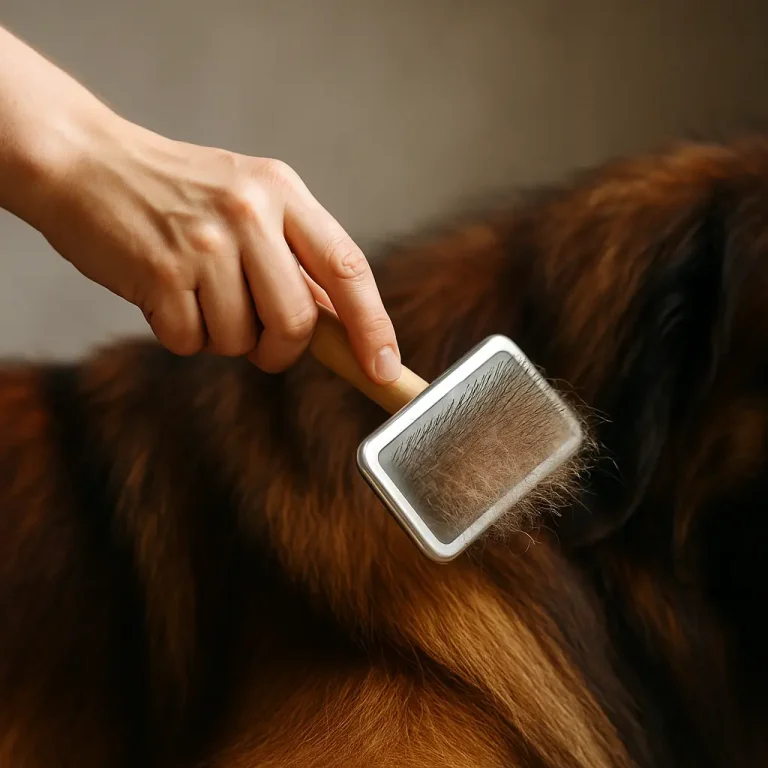 leonberger, il dettaglio del mantello durante la spazzolatura