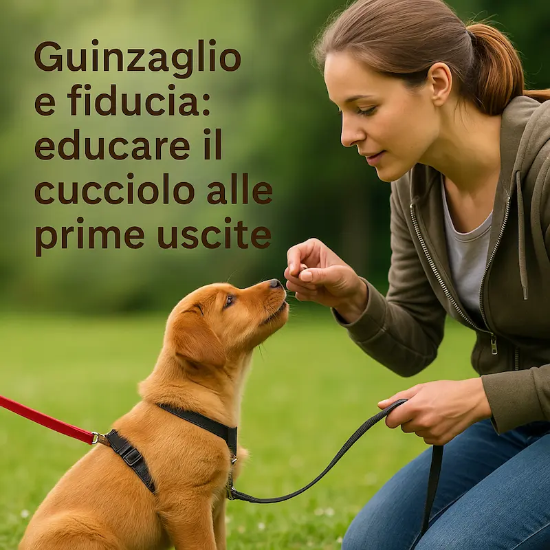 al cucciolo viene insegnato come abituarsi con guinzaglio e pettorina. Fiducia nella sua padrona
