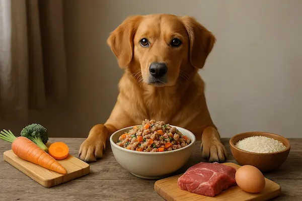 un cane davanti ad una ciotola gustosa