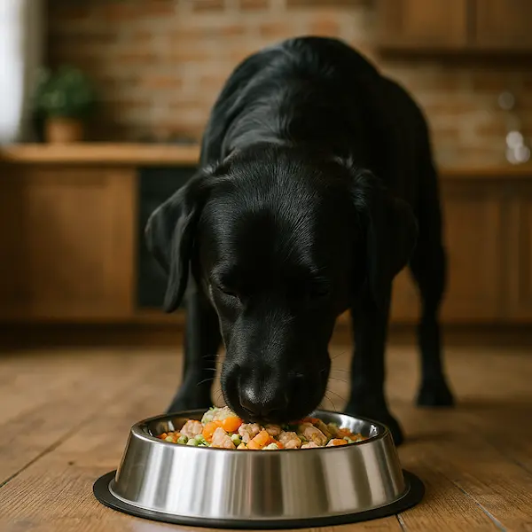 bellissimo cane nero mangia una porzione di cibo biologico