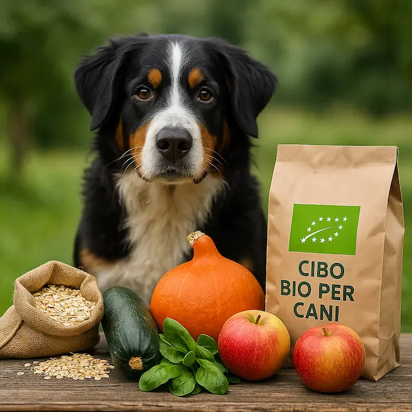 bovaro del bernese di fronte a prodotti biologici