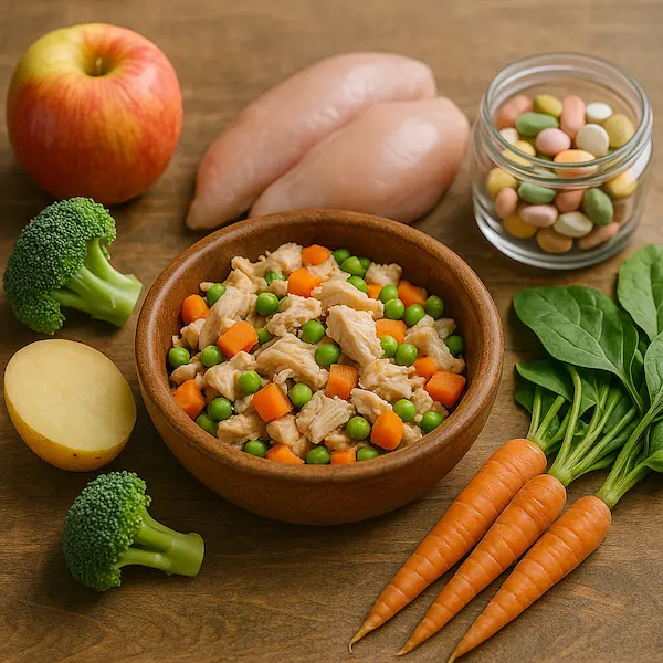 una serie di ingredienti naturali per preparare la dieta biologica del cane