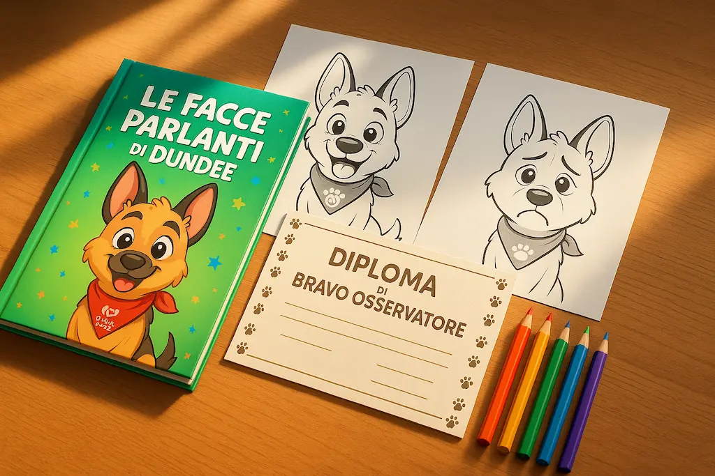 insieme di: fiaba, album, matite colorate e diploma