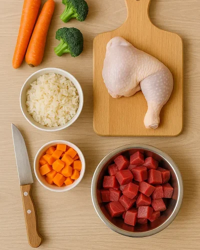 tagliere di ingredienti per la dieta del cane