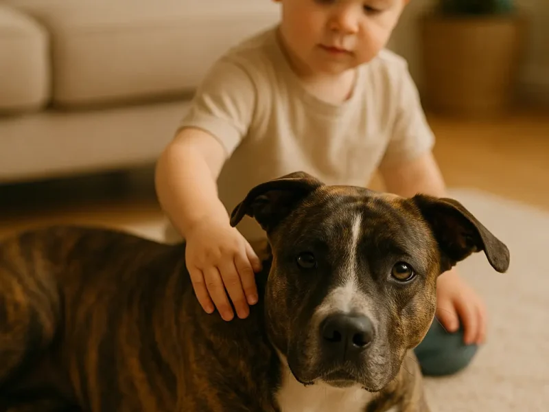 un bambino accarezza il suo amstaff seduto nel salotto di casa