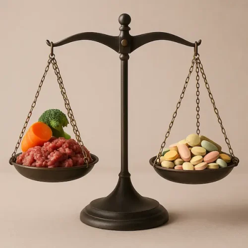 vecchia bilancia che rappresenta il bilanciamento del cibo casalingo e gli integratori