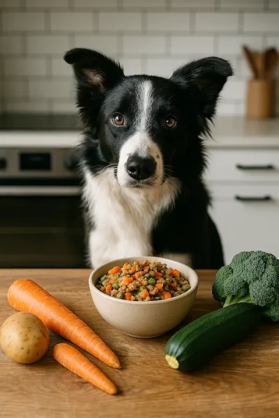 border collie davanti alla ciotola di alimenti biologici