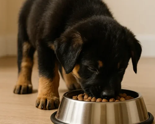 cucciolo di pastore tedesco mangia le sue crocchette