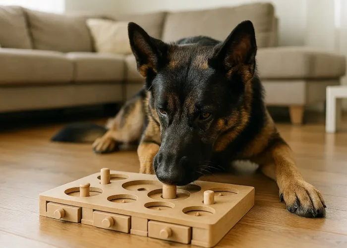 pastore tedesco usa la sua spiccata intelligenza per risolvere un problema di un gioco in salotto di casa