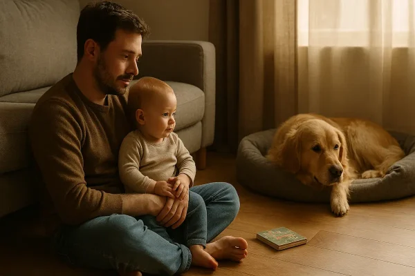 papà e bambino sono sereni ad osservare il loro golden retrievere in salotto