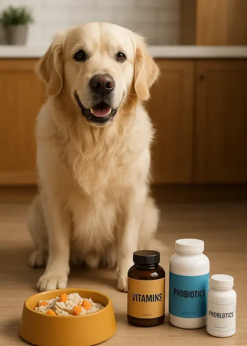 Golden retriever di fornte ad una serie di integratori alimentari