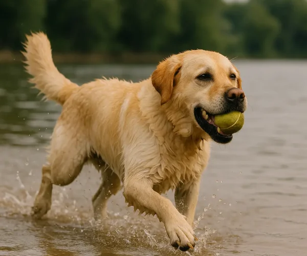 Labrador retriever gioca in acqua con la sua pallina